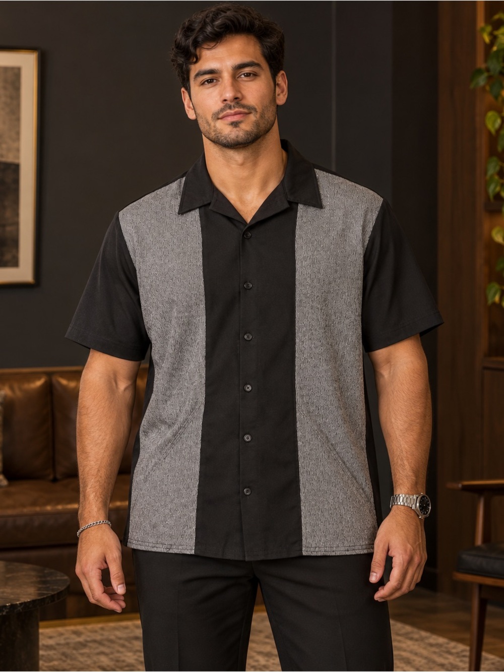 POSITANO Black Gray Textured Panel Retro Bowling Shirt Size XXL